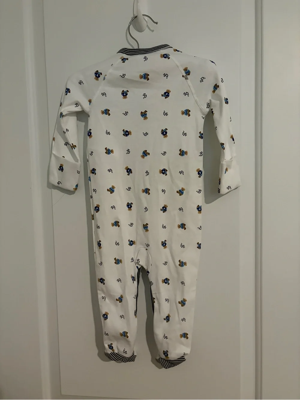 Ralph Lauren White Footed One-Piece with Navy Trim and Bear Print 9 months